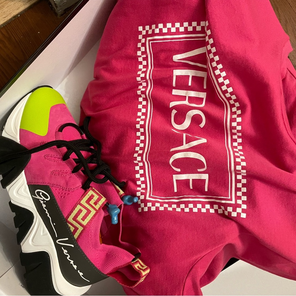 Versace shirt and shoes pink green black